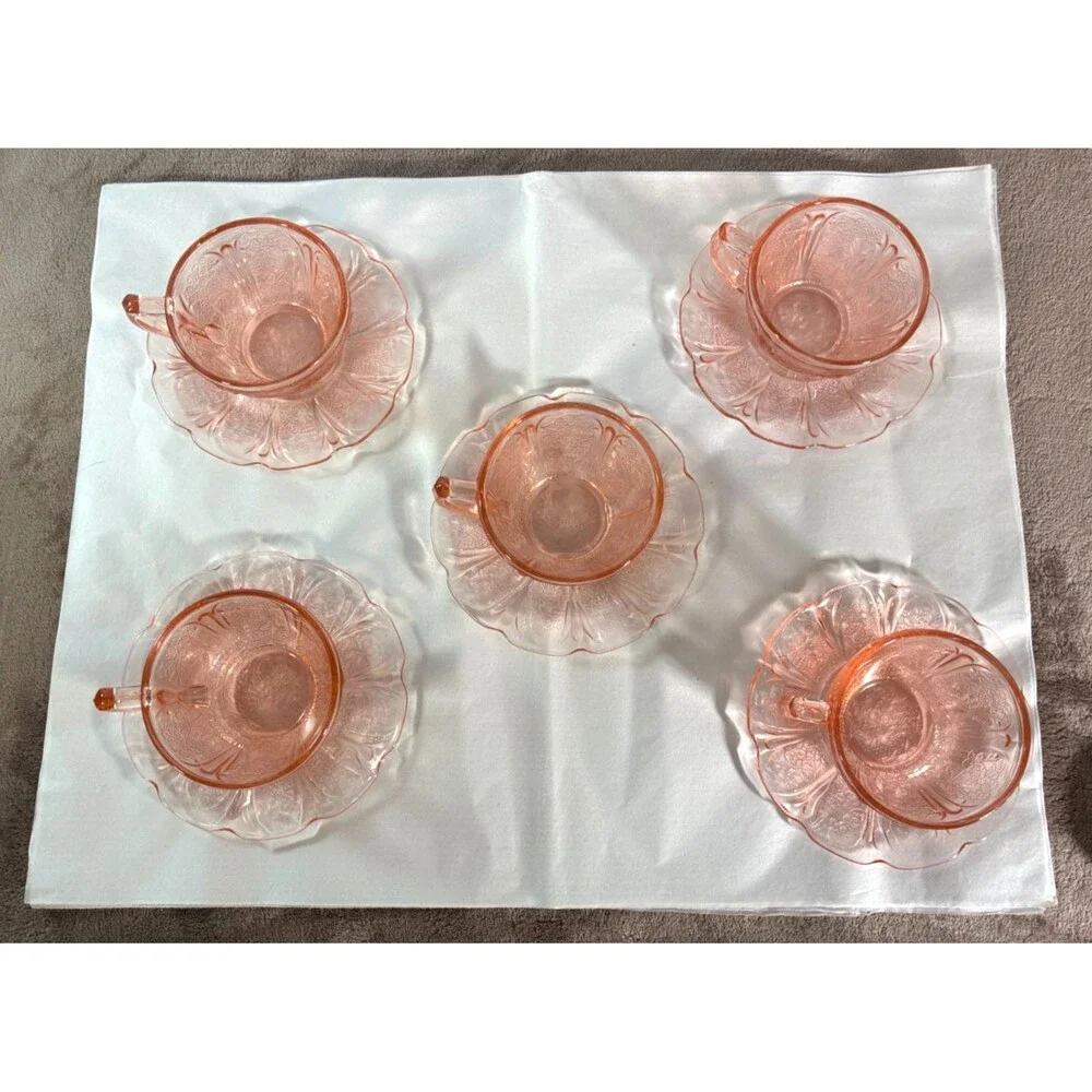 Jeannette Pink Cherry Blossom Depression Glass Cups Saucers 10 Pc Set VTG